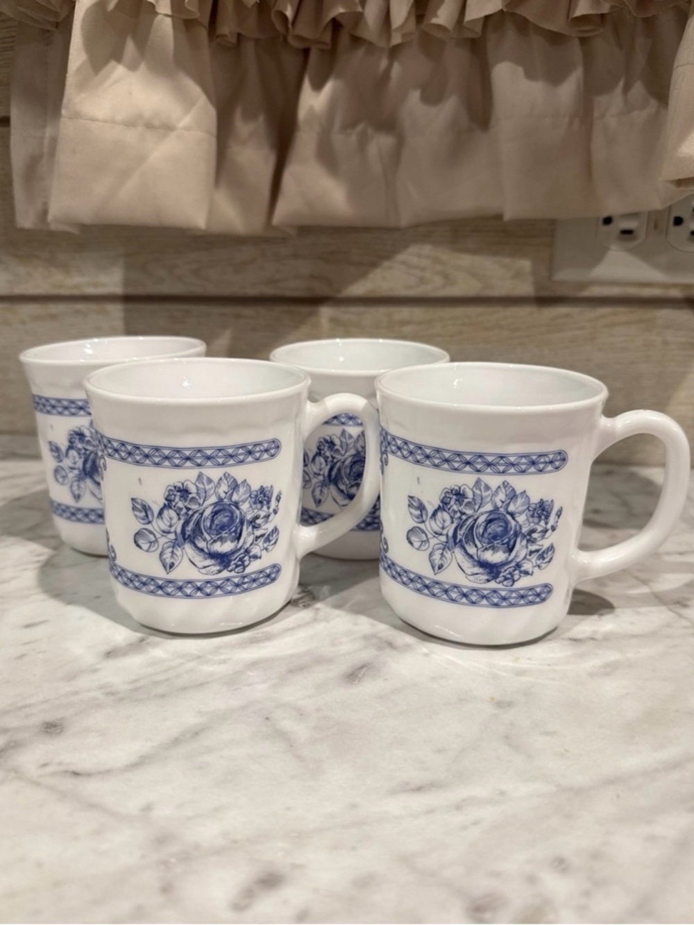 White and Blue Floral Ceramic Mugs - Set of 4